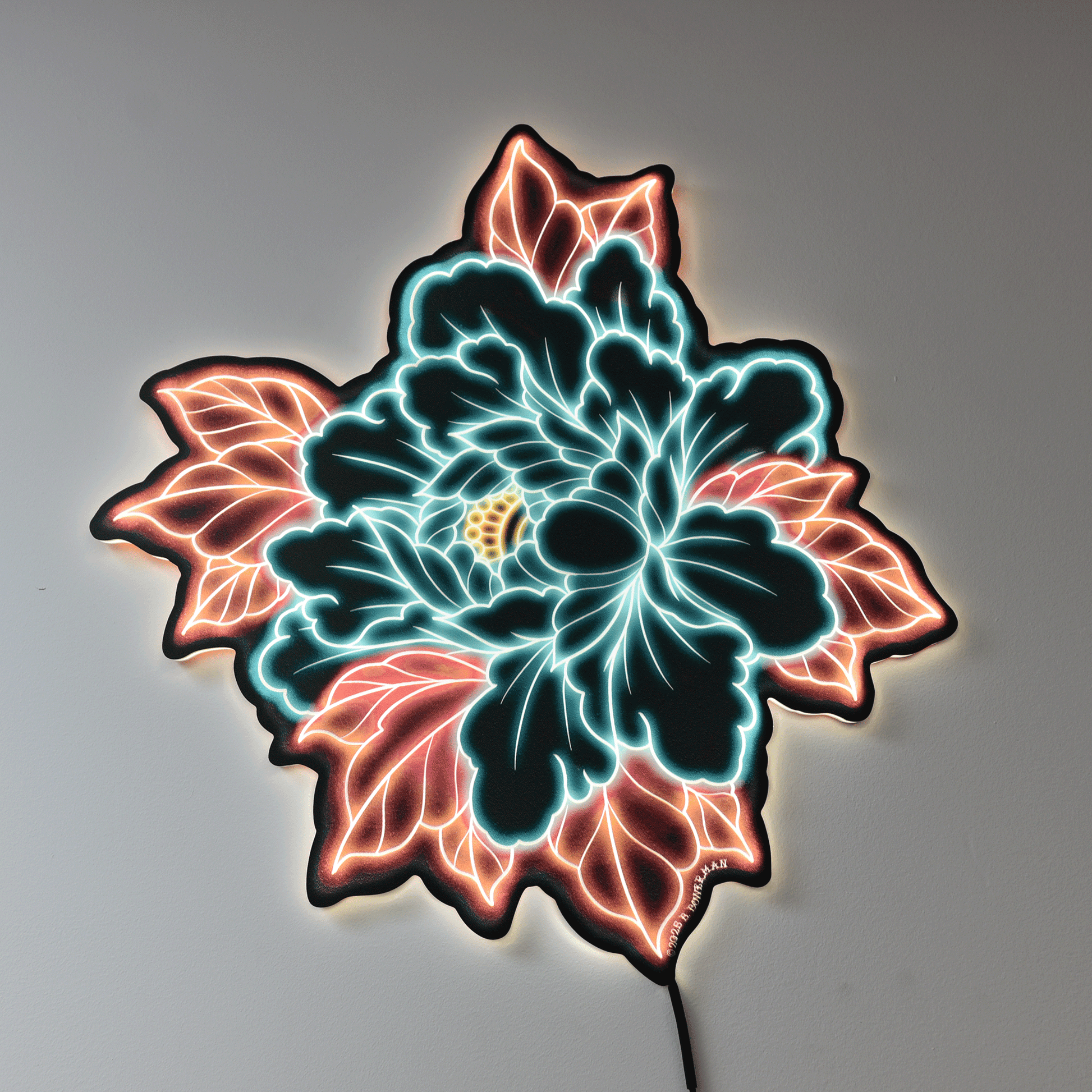 Original Peony tattoo design by Bryce Bowerman printed on acrylic with UV printer with added LED light on in lighted room