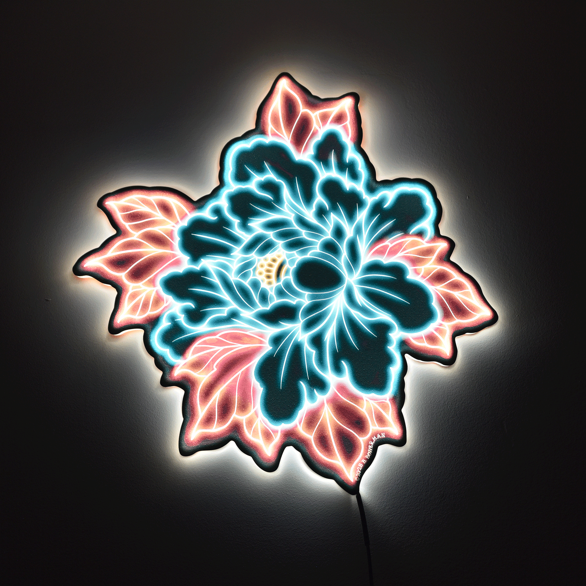 Original Peony flower design light on in a dark room appears neon like