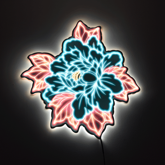 Original Peony flower design light on in a dark room appears neon like