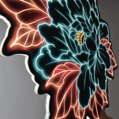 Original Peony tattoo design at an angle by Bryce Bowerman printed on acrylic with UV printer with added LED light on in lighted room