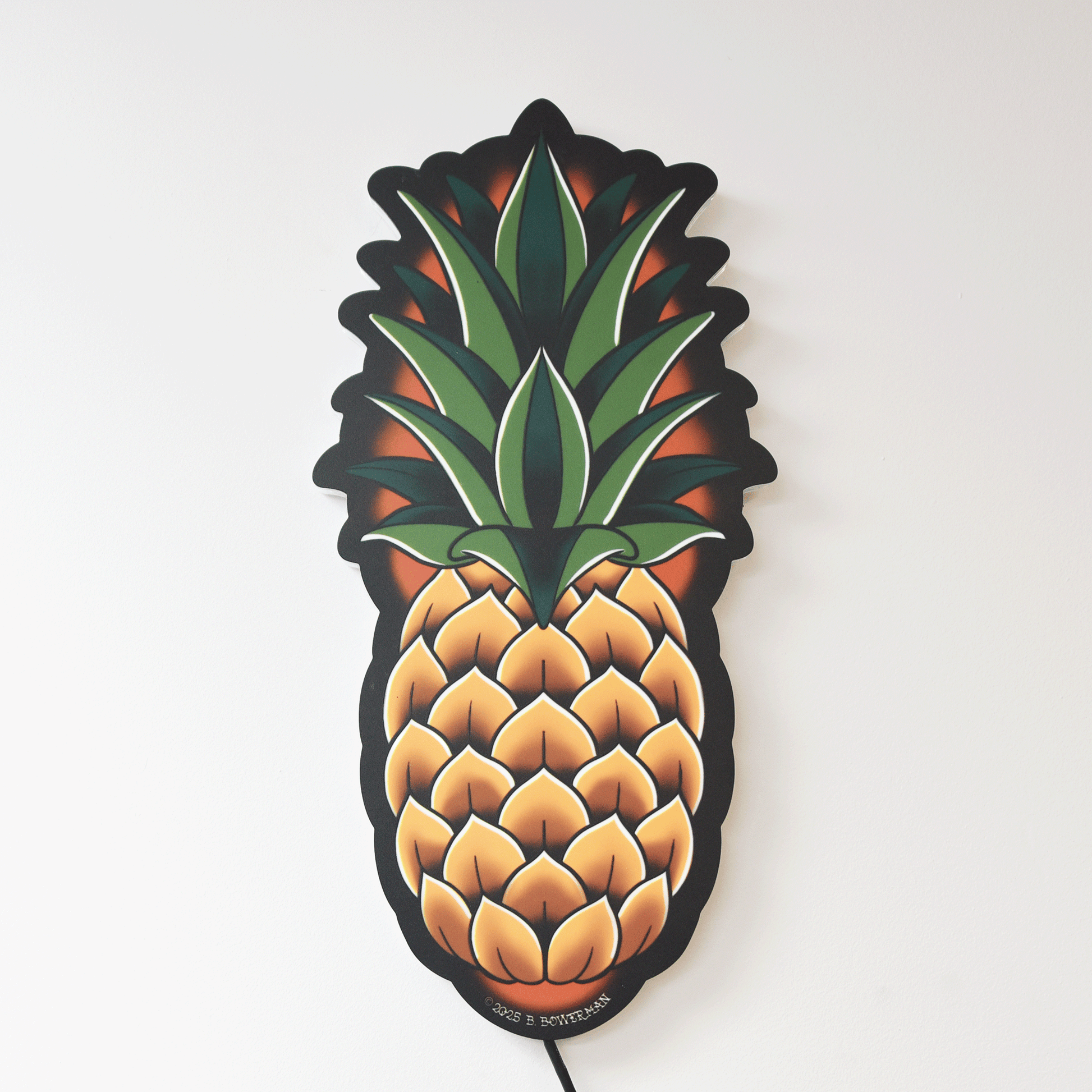 Original medium size Pineapple tattoo design by Bryce Bowerman printed on acrylic with UV printer with added LED light
