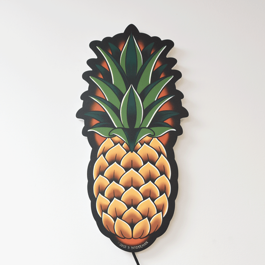 Original medium size Pineapple tattoo design by Bryce Bowerman printed on acrylic with UV printer with added LED light