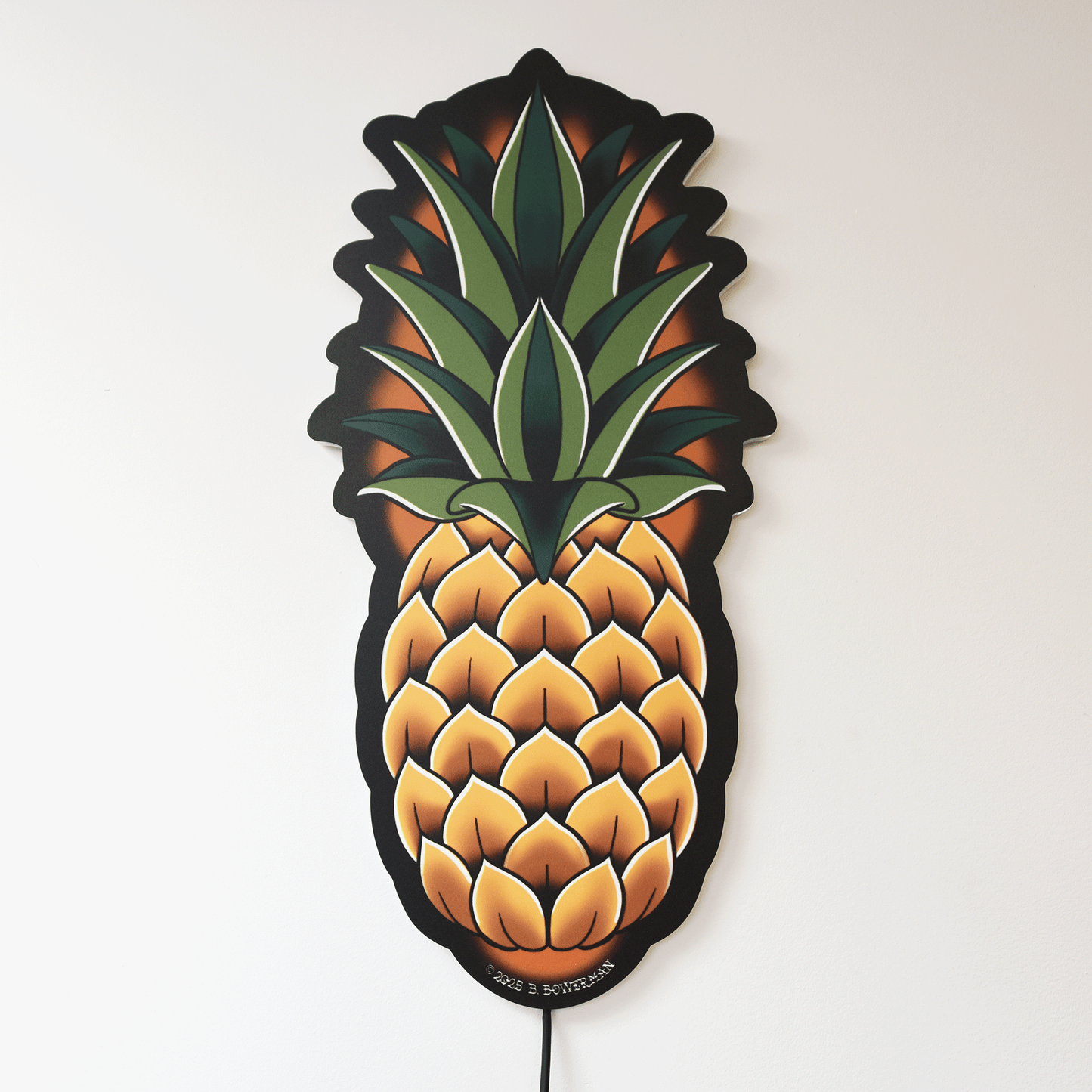 Original Large size Pineapple tattoo design by Bryce Bowerman printed on acrylic with UV printer with added LED light