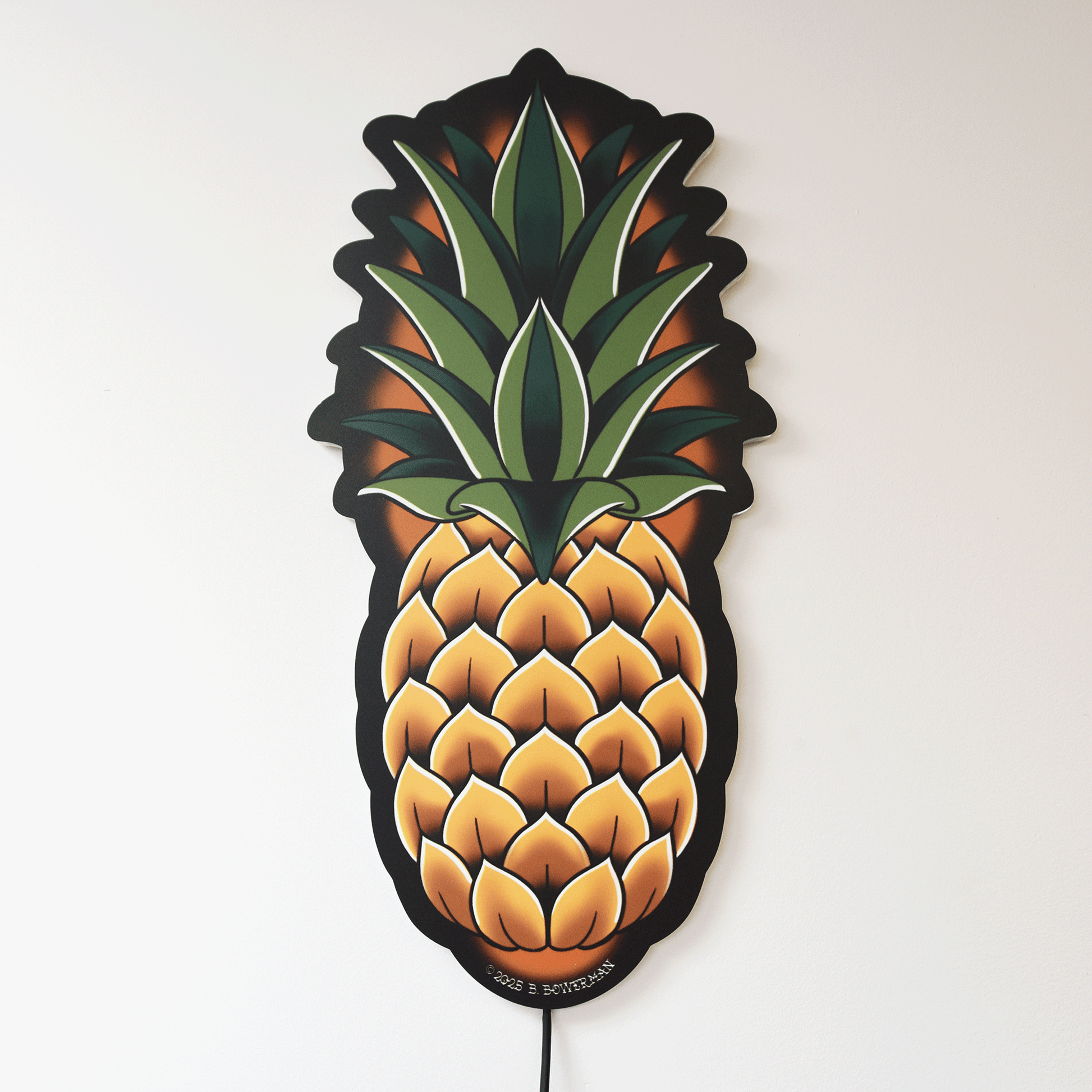 Original Large size Pineapple tattoo design by Bryce Bowerman printed on acrylic with UV printer with added LED light