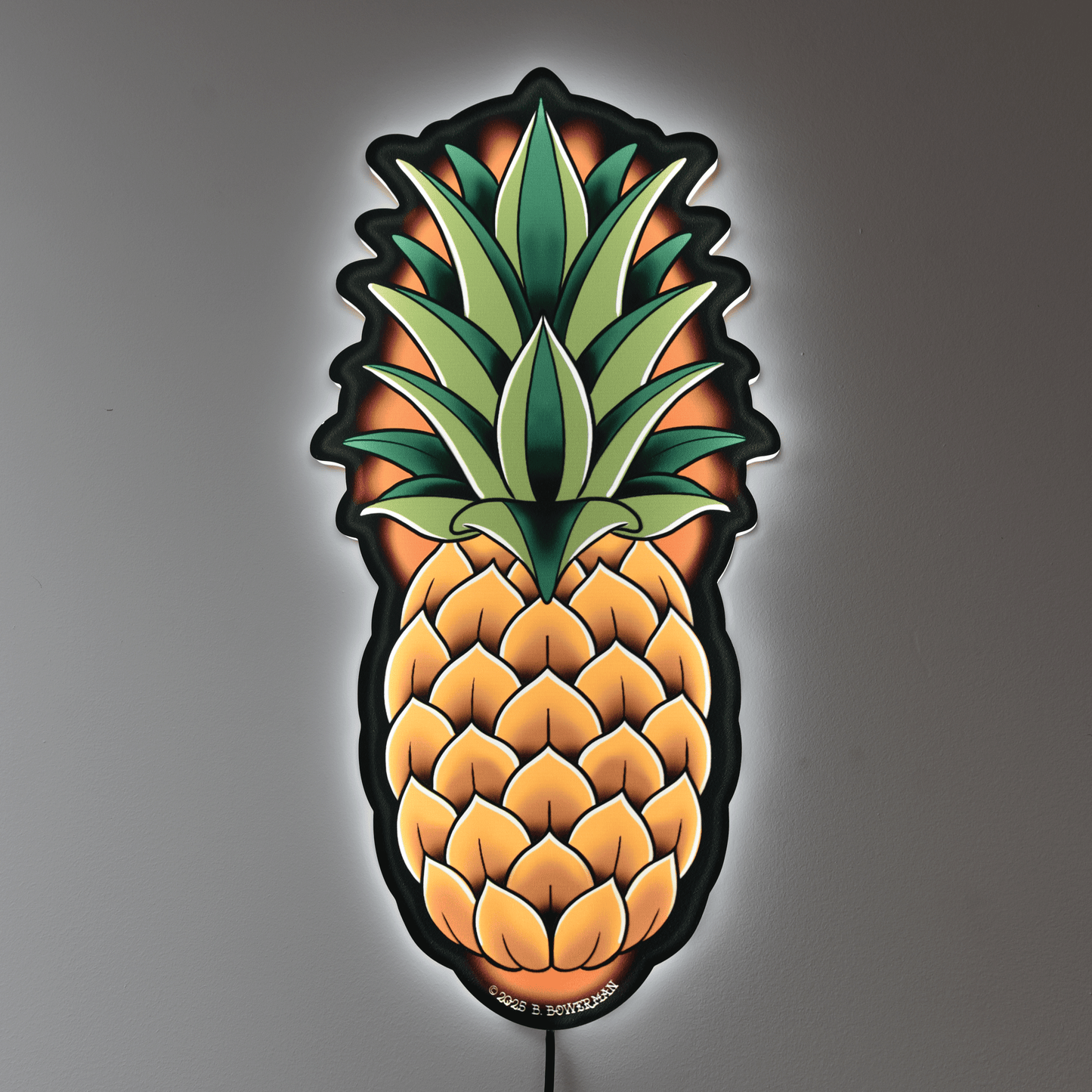 Original large size Pineapple design by Bryce Bowerman printed on acrylic with UV printer with added LED light on in lighted room