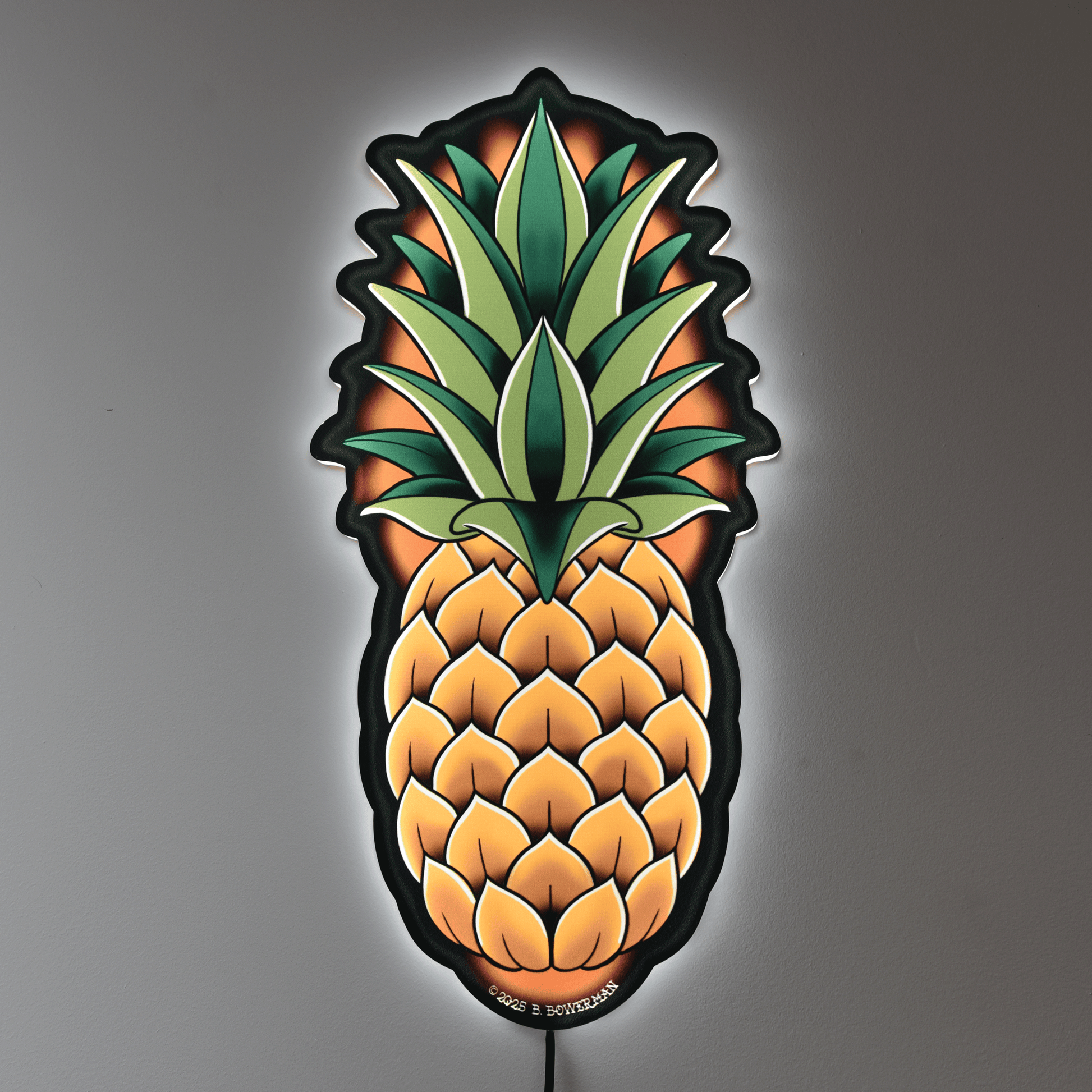 Original large size Pineapple design by Bryce Bowerman printed on acrylic with UV printer with added LED light on in lighted room