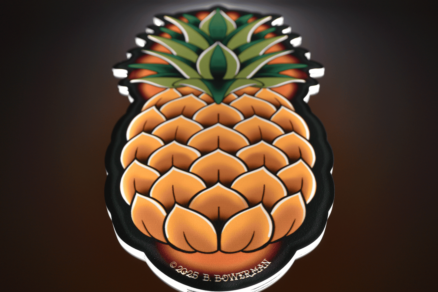 Original large size Pineapple tattoo design at an angle by Bryce Bowerman printed on acrylic with UV printer with added LED light on in dark room.