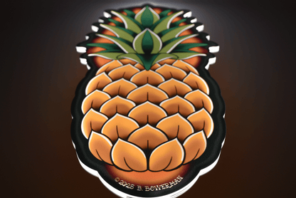 Original large size Pineapple tattoo design at an angle by Bryce Bowerman printed on acrylic with UV printer with added LED light on in dark room.