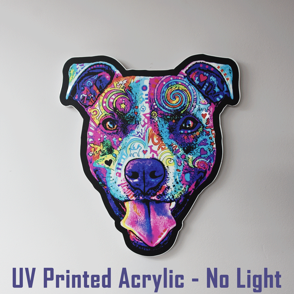 A UV-printed acrylic Colorful Smiling Pit Bull Face with tongue hanging out
 sign with a black outline, displayed against a light gray wall. Purple text at the bottom reads 'UV Printed Acrylic - No Light'
