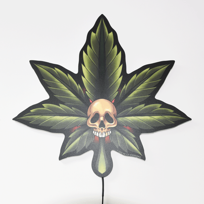 Large (18") Marijuana Leaf Skull Tattoo Tacker by Artist Bryce Bowerman – LED Lighted Wall Art with Green & Red Glow