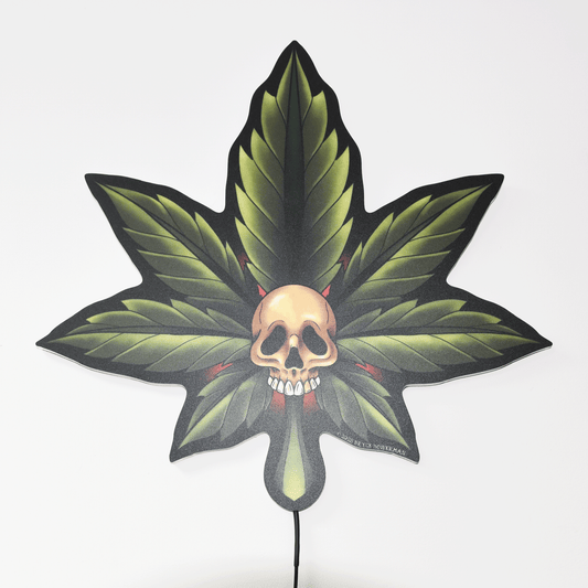 Large (18") Marijuana Leaf Skull Tattoo Tacker by Artist Bryce Bowerman – LED Lighted Wall Art with Green & Red Glow
