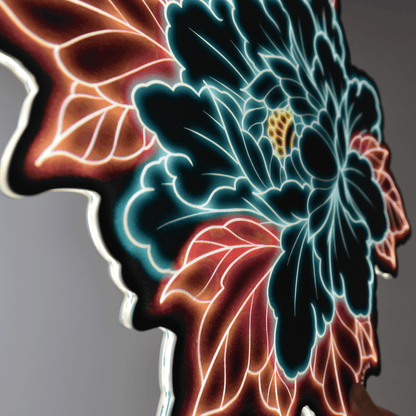 Neon-like Peony floral design with black and red colors on a gray background