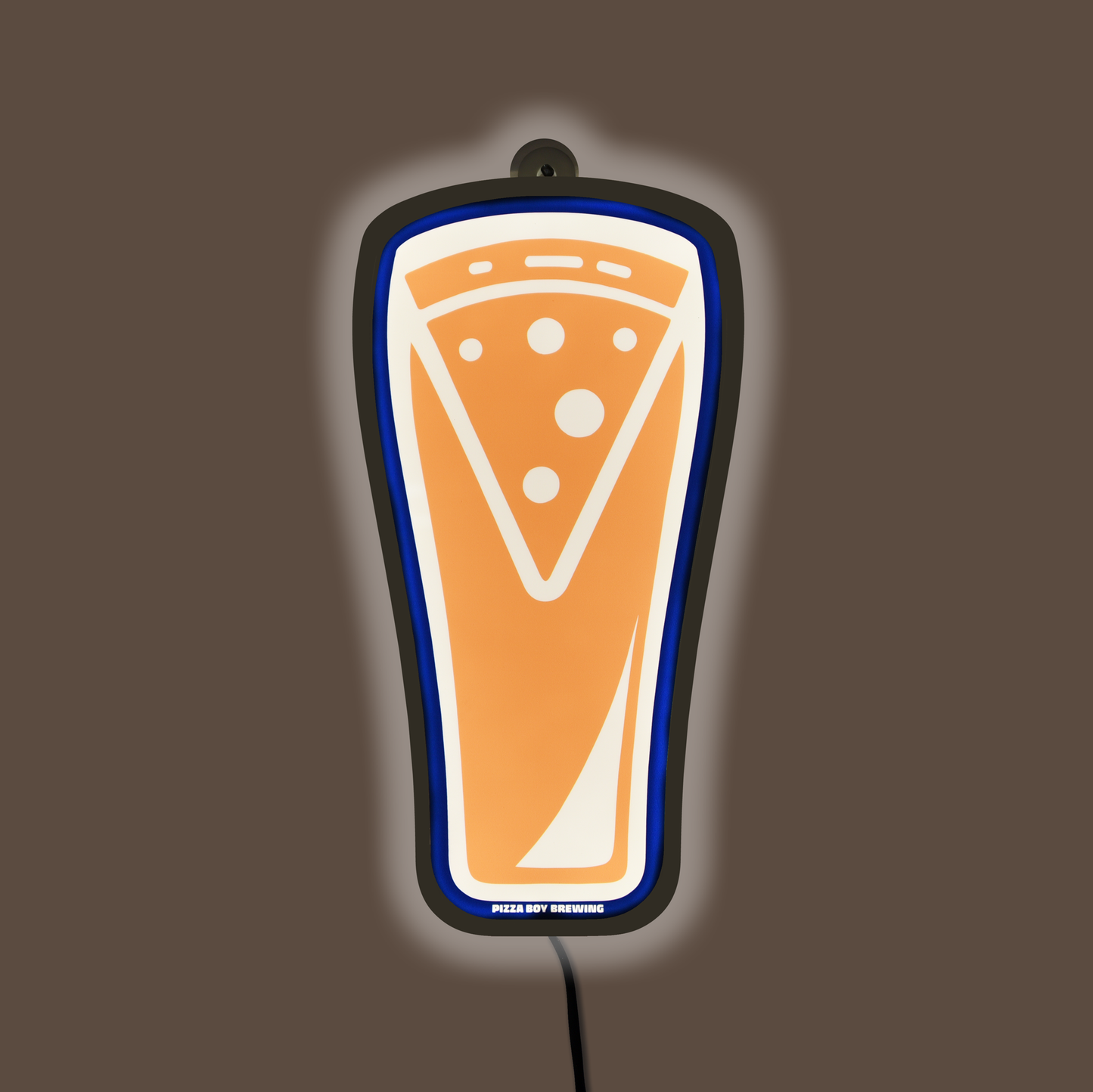 Neon sign shaped like a pizza slice on a brown background