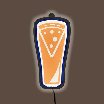Neon sign shaped like a pizza slice on a brown background