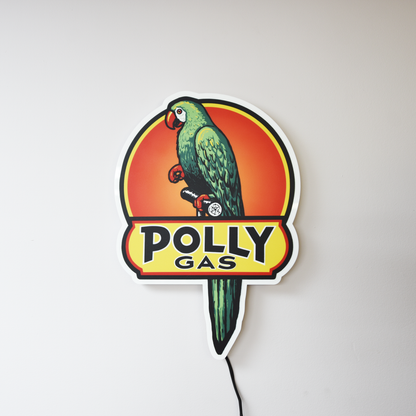 Polly Gas sign with a parrot design on a white background