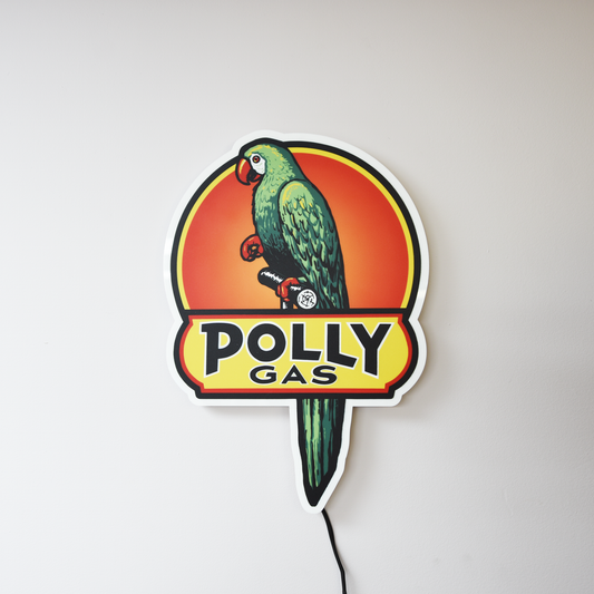 Polly Gas sign with a parrot design on a white background