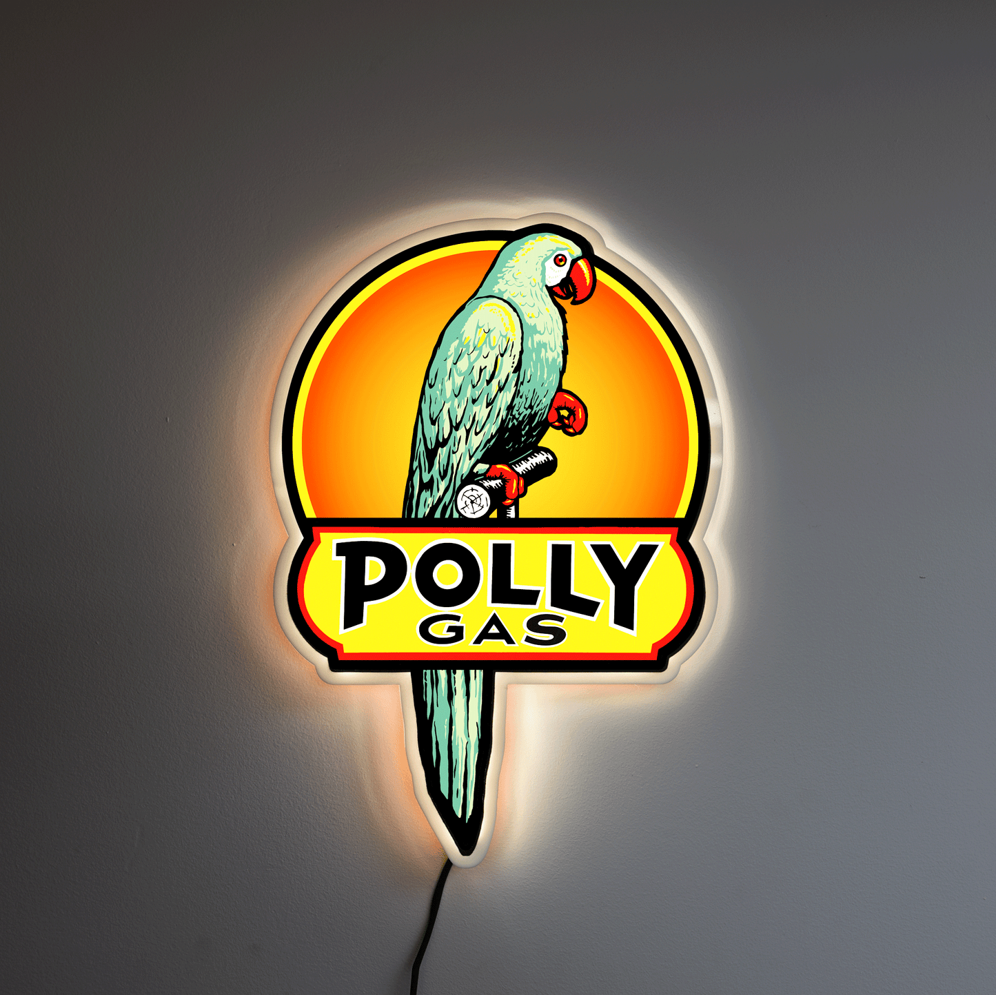 Neon sign of a parrot with 'Polly Gas' text on a dark background