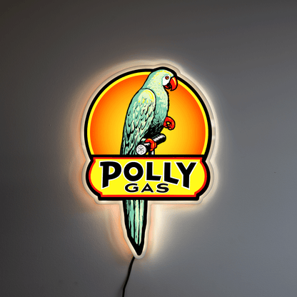 Neon sign of a parrot with 'Polly Gas' text on a dark background