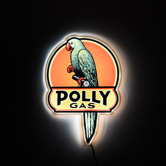 Neon sign of a parrot with 'Polly Gas' text on a dark background