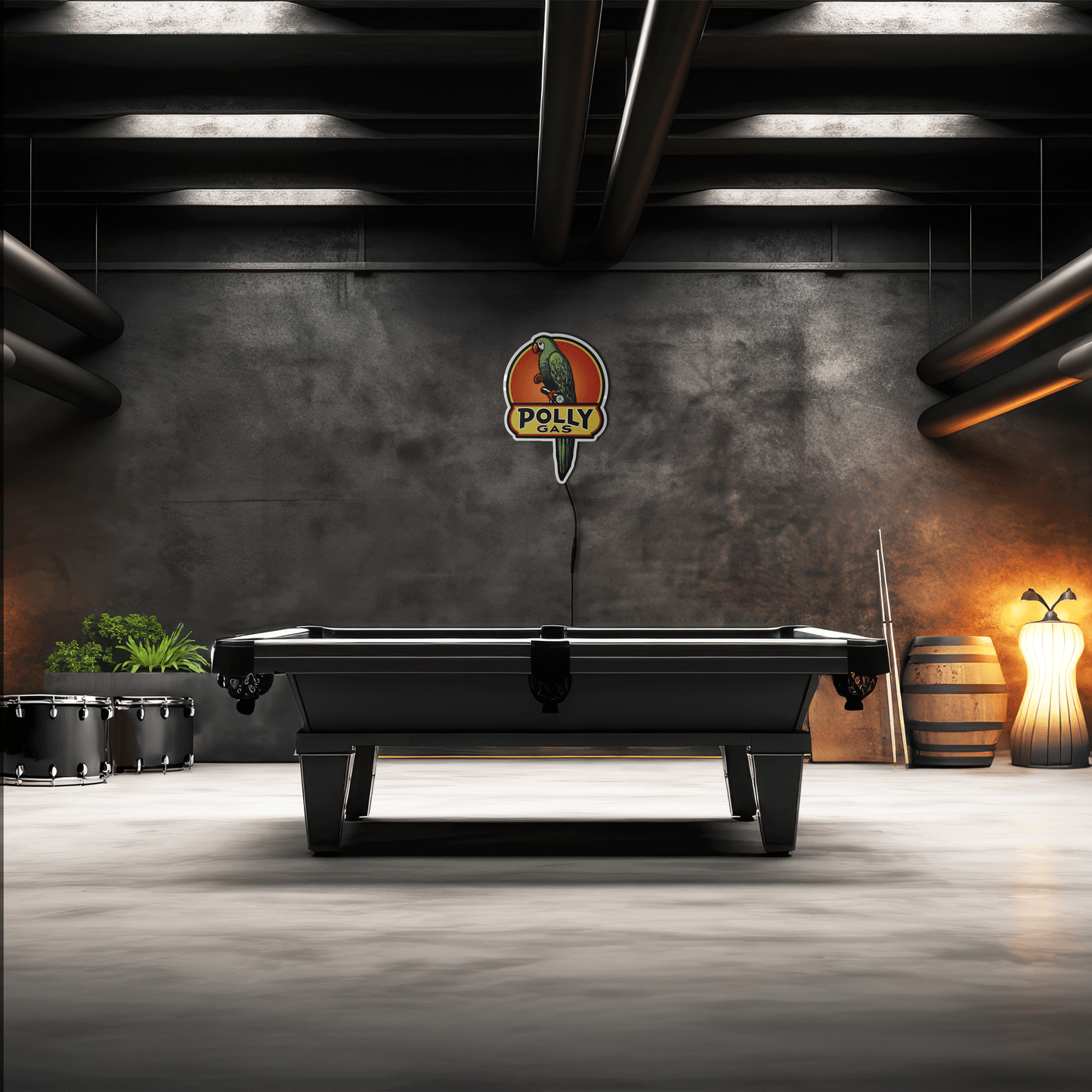 Polly Gas sign above Modern pool table in a stylish room with exposed pipes and decorative elements.