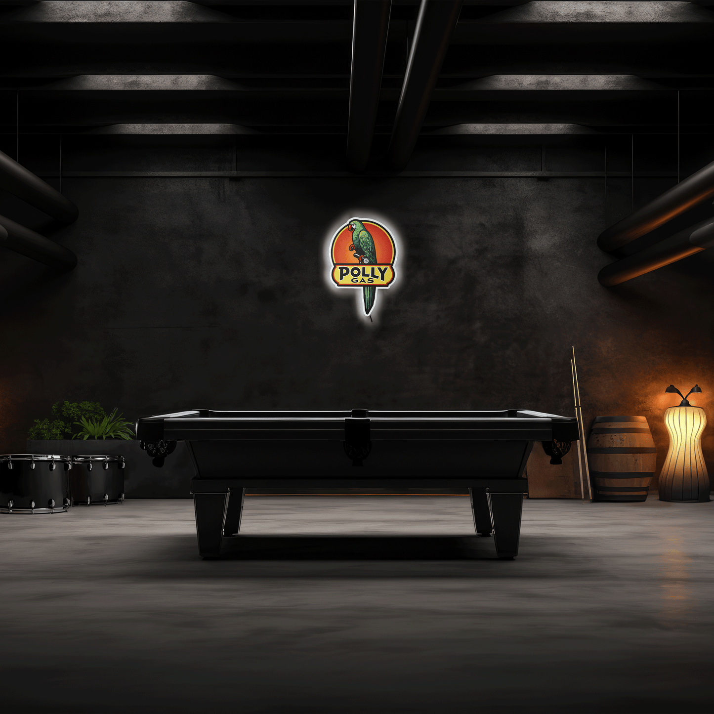 Polly Gas Sign on above Pool table in a dimly lit room with a logo on the wall.