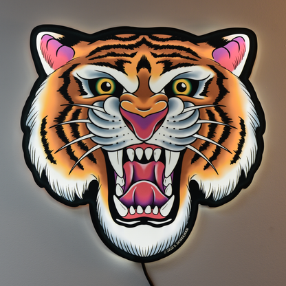 Original tiger design tattoo tacker by Bryce Bowerman wall light with LED light on which glows making tiger pop on a neutral background in a lit room