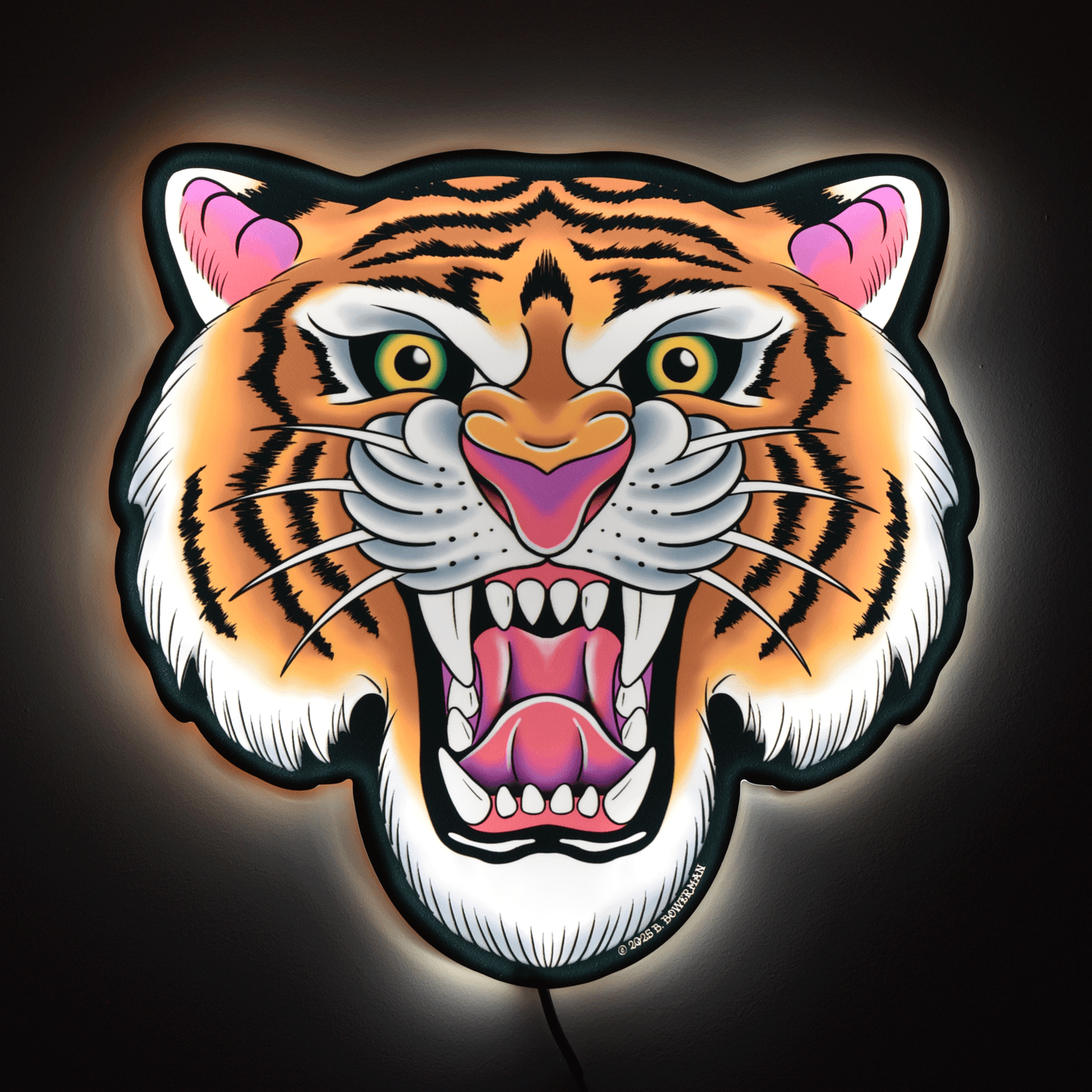 Large size original tiger designed by Bryce Bowerman tattoo tacker wall light with LED light on which glows making tiger pop in a dark room