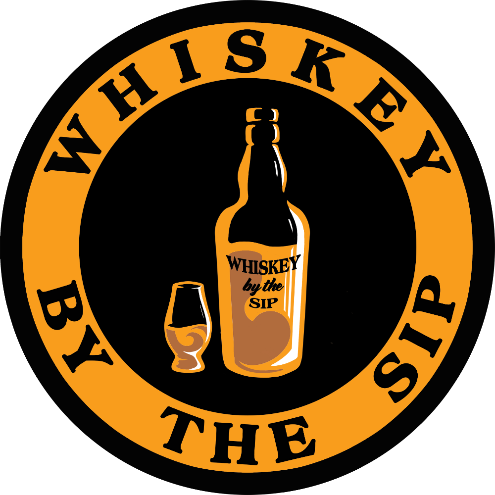 Logo of 'Whiskey by the Sip' with a bottle and glass illustration.