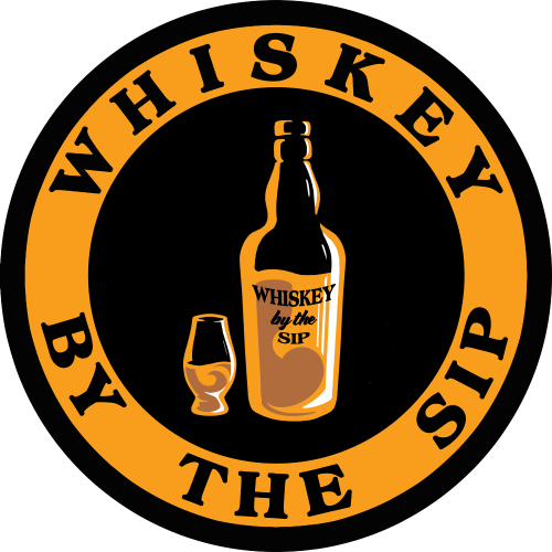 Logo of 'Whiskey by the Sip' with a bottle and glass illustration.