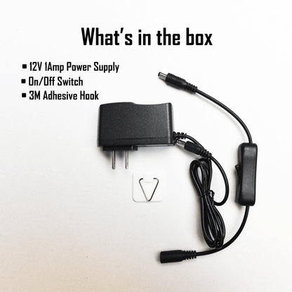 12V 1Amp power supply with on/off switch and 3M adhesive hook on a white background