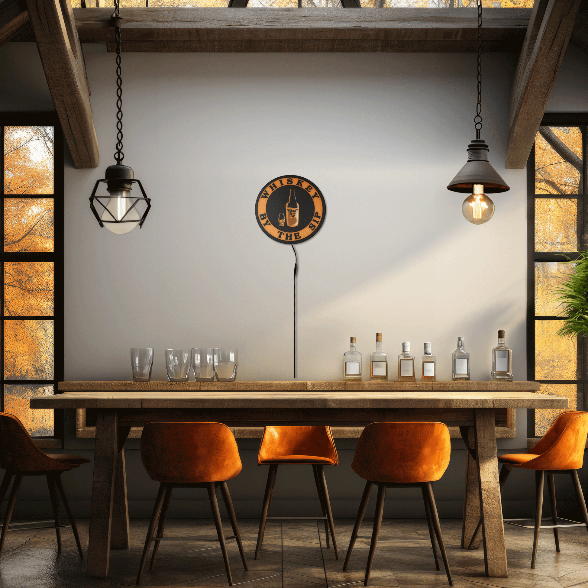 Whiskey By The Sip sign above Home bar area with wooden table, orange chairs, and wall clock in a rustic setting.