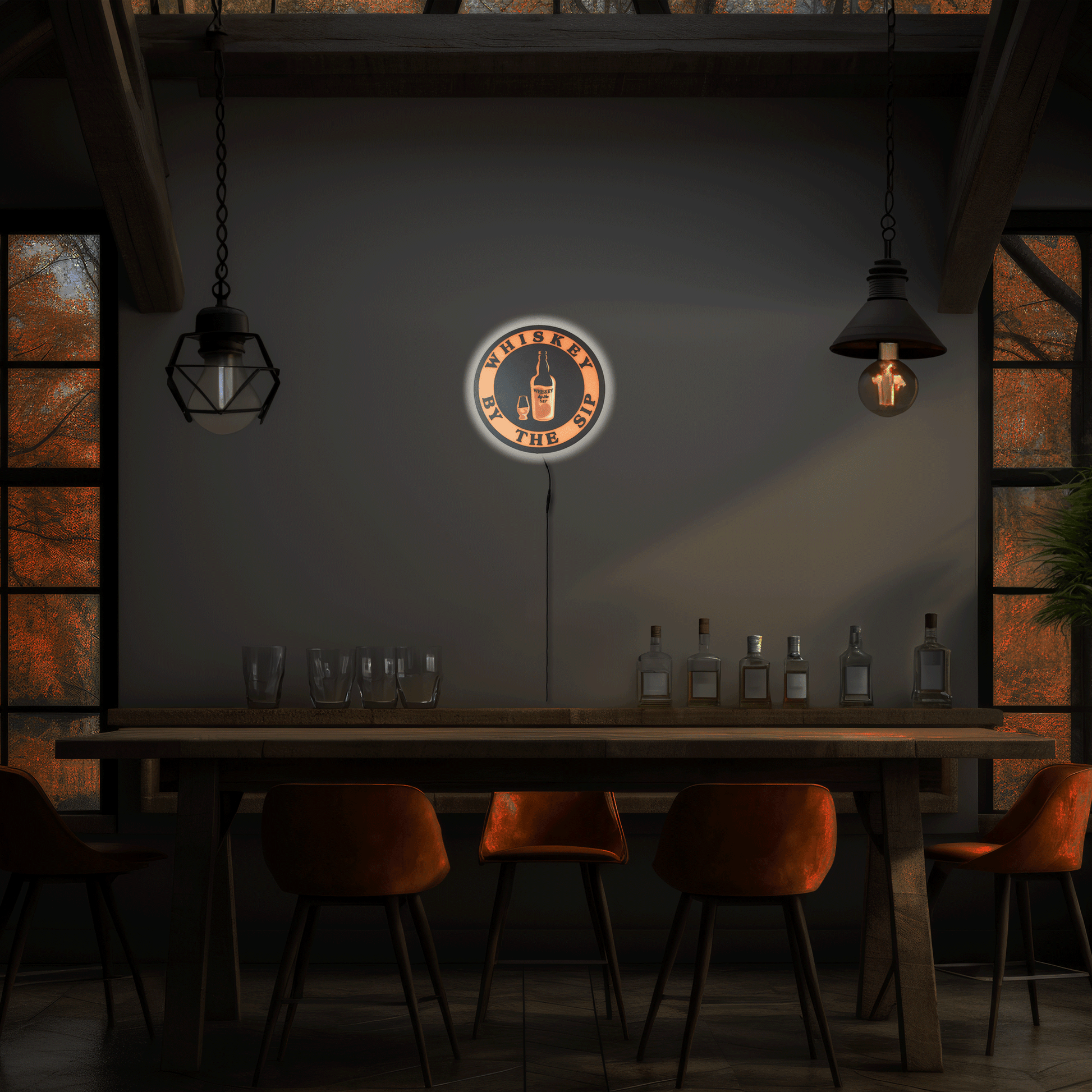 Whiskey By The Sip sign sign on above home bar area with a table and chairs, illuminated by a circular light fixture on the wall.