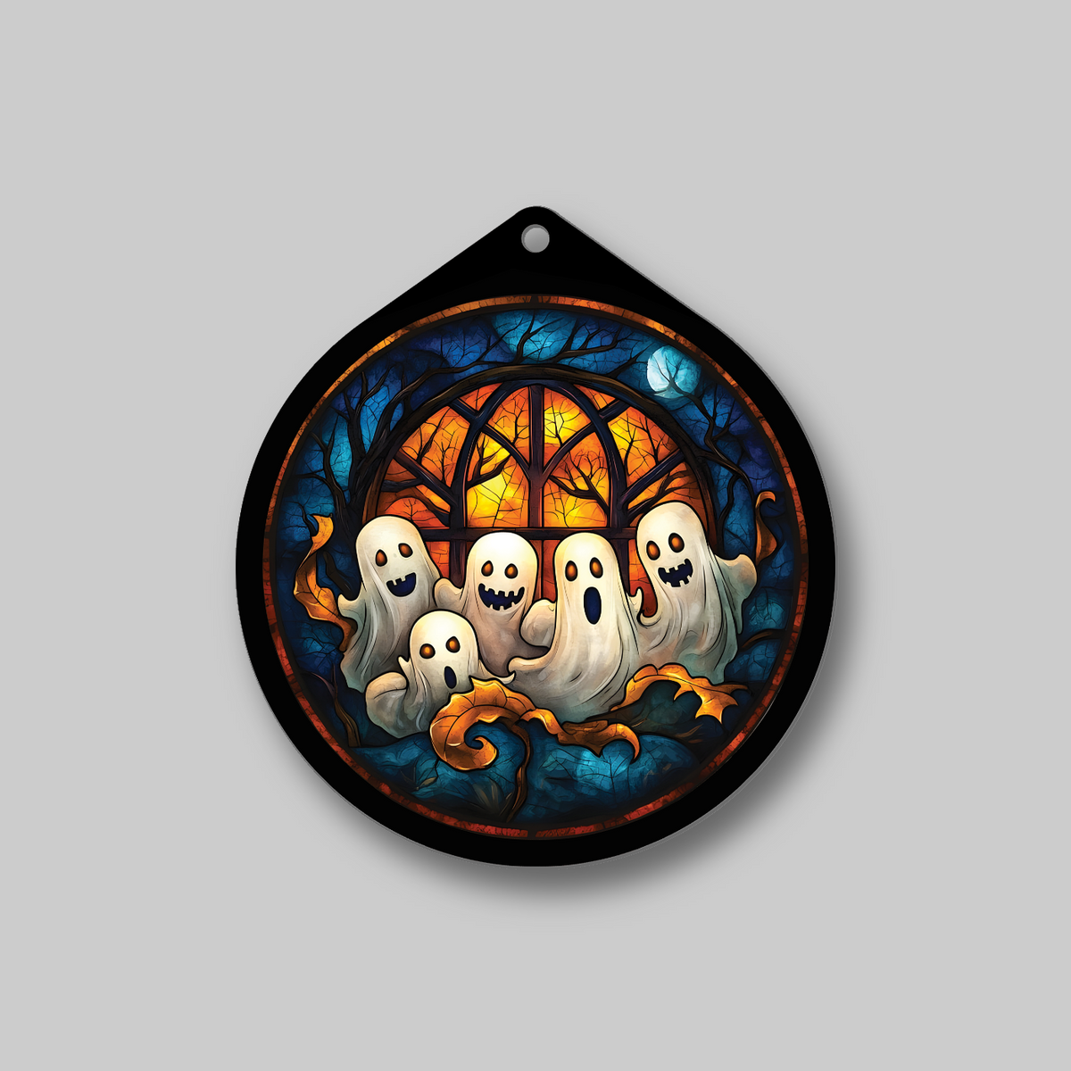Close-up of cute ghost family faux stained glass sign design, no lights 
