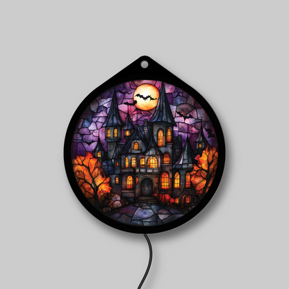 Haunted gothic manor faux stained glass LED sign with bats and full moon, lights off