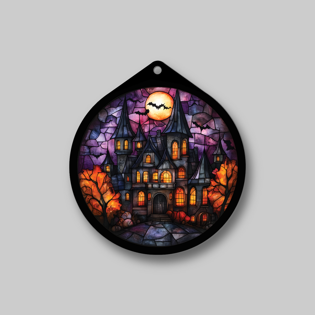 Close-up of haunted gothic manor faux stained glass sign design, no light version