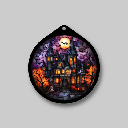 Close-up of haunted gothic manor faux stained glass sign design, no light version