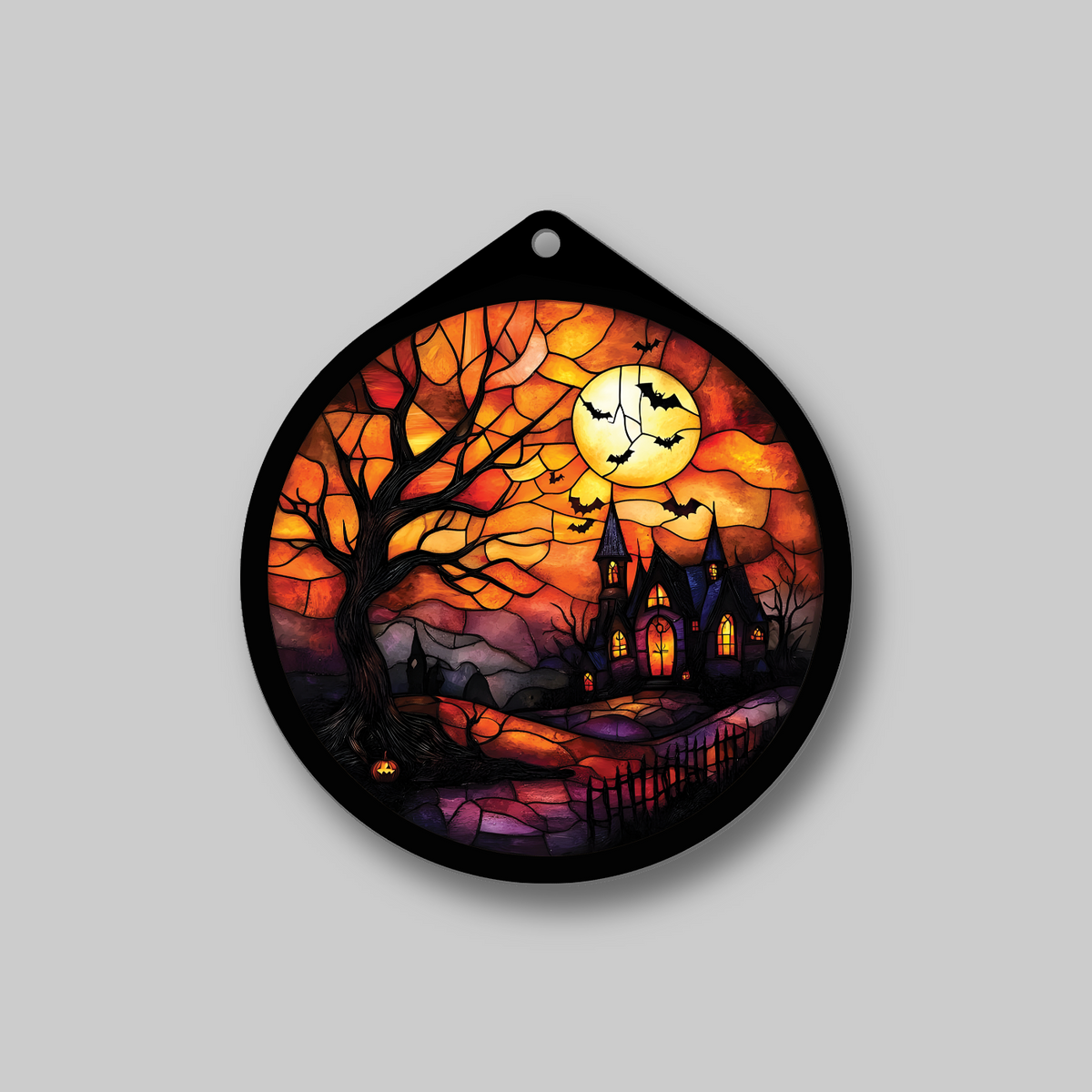 Close-up of haunted tree and harvest moon faux stained glass sign design,  no light version