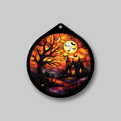 Close-up of haunted tree and harvest moon faux stained glass sign design,  no light version