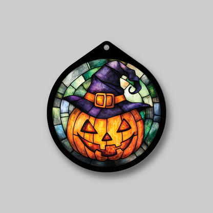 Close-up of jack-o'-lantern in a witch hat faux stained glass sign design, no lights