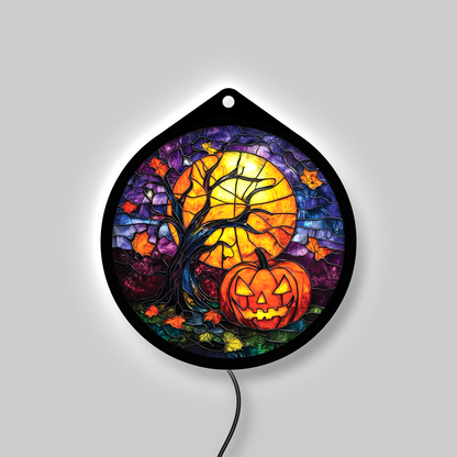 Pumpkin harvest moon LED sign glowing with backlight on