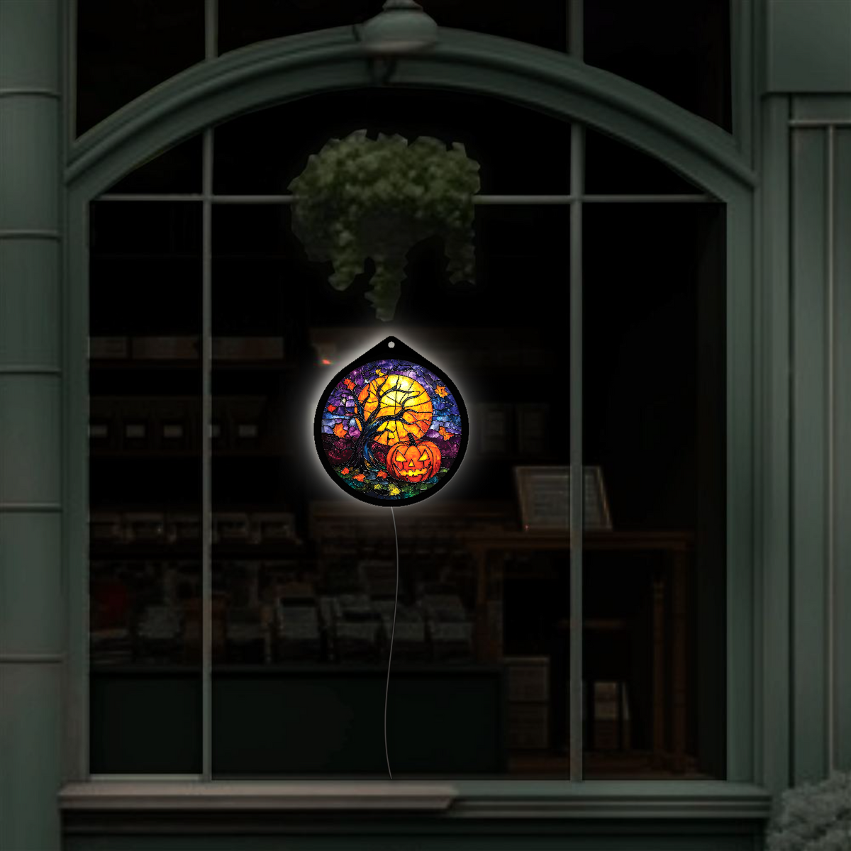  Pumpkin under a harvest moon LED sign, lights off, alternate view