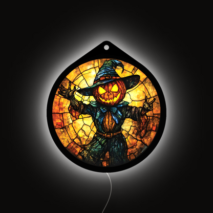 Skull scarecrow LED sign, lights off, studio view