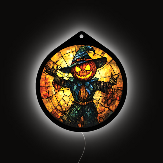 Skull scarecrow LED sign, lights off, studio view