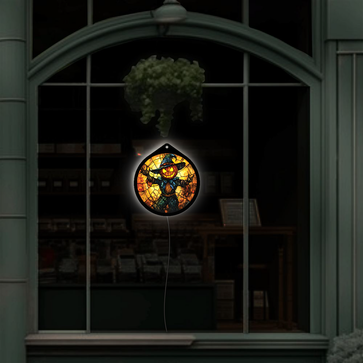 Skull scarecrow LED sign glowing brightly against a dark background, red eyes prominent