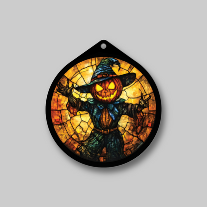 Skull scarecrow sign displayed unlit, hanging on wall