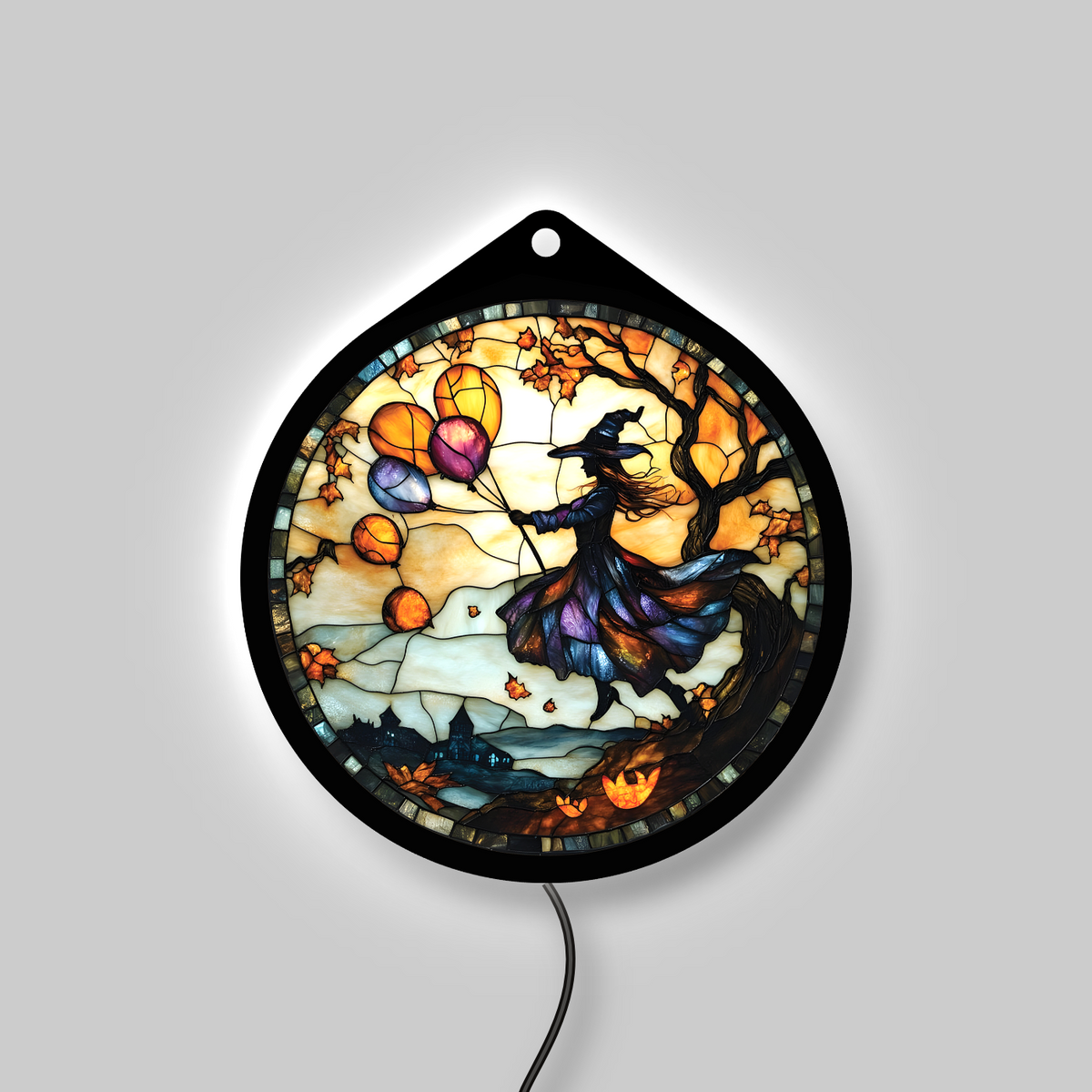  Flying witch with balloons LED sign glowing with backlight on