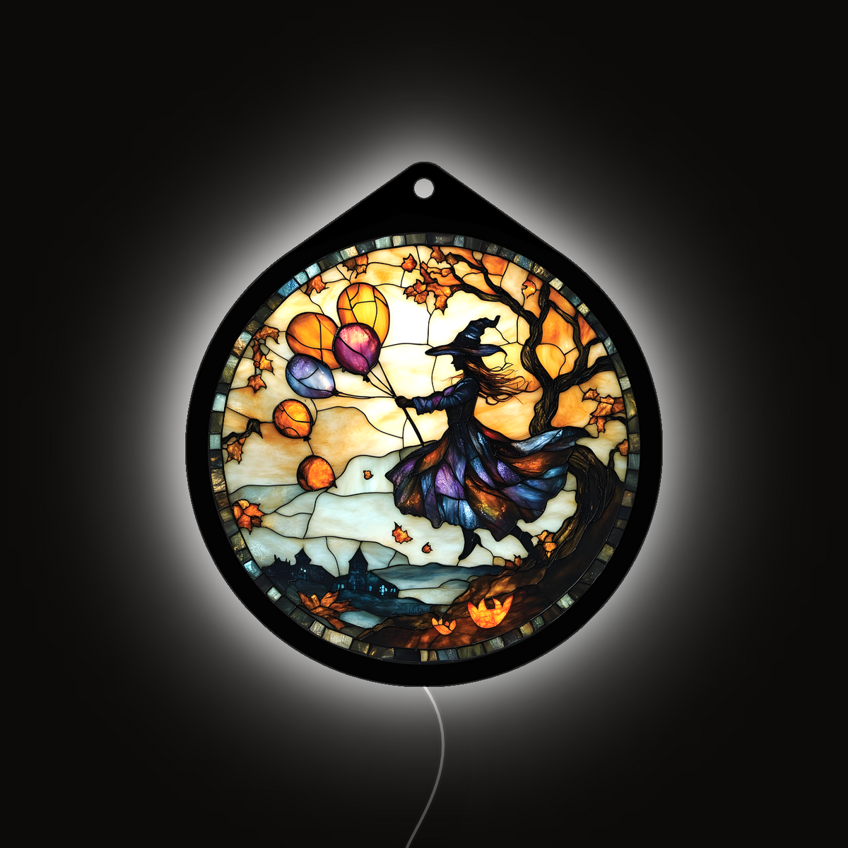Flying witch with balloons LED sign glowing brightly against a dark background