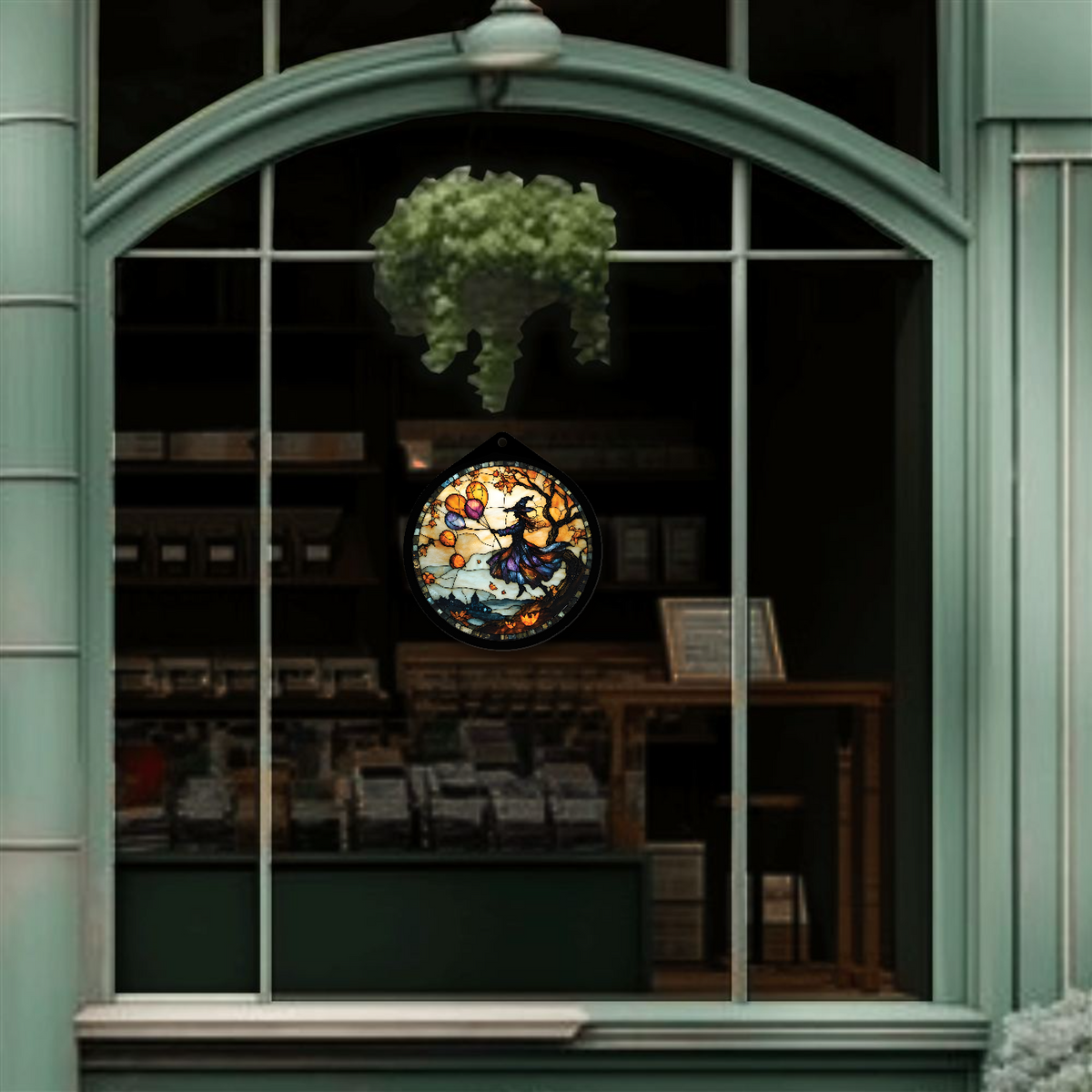 Flying witch with balloons UV Print sign no light in a shop window
