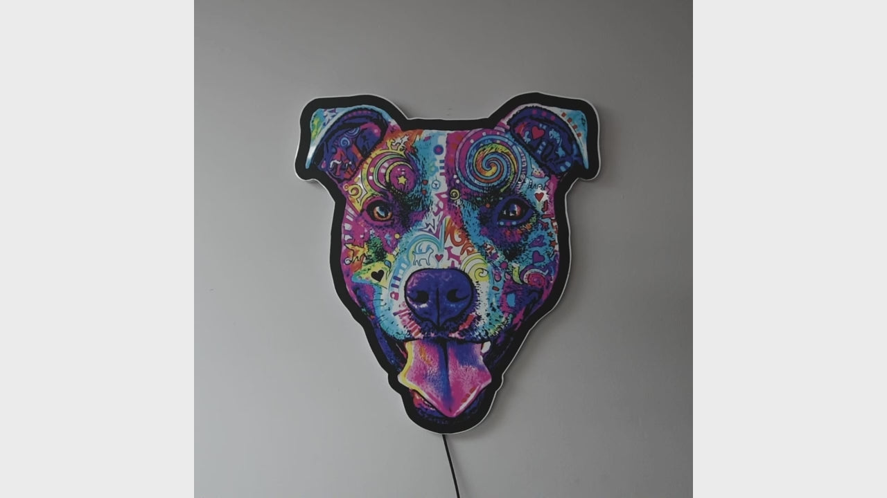 A pop-art style Colorful Smiling Pit Bull Face with tongue hanging out wall light turned on and off, glowing against a dark background when on in a dark room. The design features swirling patterns and bright neon-like colors including pink, purple, blue, yellow, and orange.