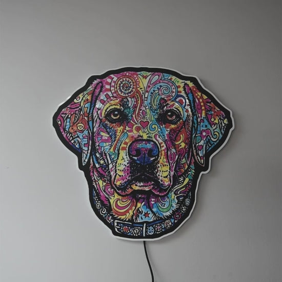A colorful LED neon-style wall light shaped like an English Lab head, featuring a vibrant multicolor pattern on a black base, mounted against a dark gray wall with a warm glow around the edges when sign is turned on.
